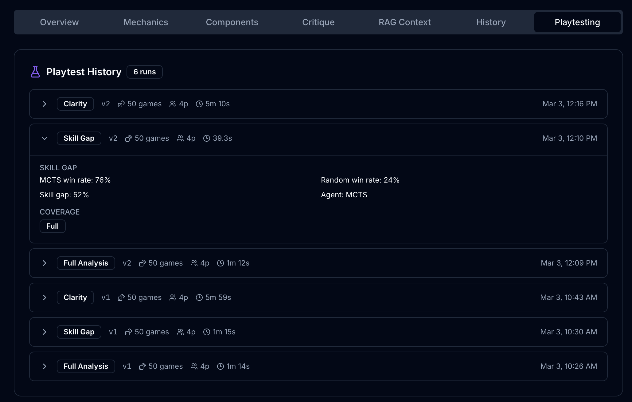 Playtest History Tab