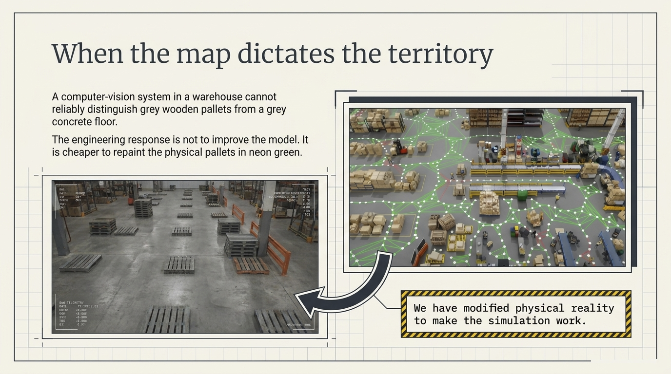 Slide titled 'When the map dictates the territory' showing the warehouse floor on the left, the cuOPT-routed Omniverse view on the right, and a caution-tape callout naming the Baudrillardian inversion