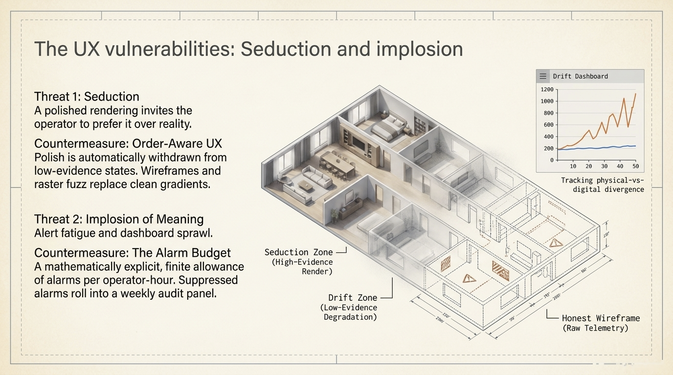 Slide titled 'The UX vulnerabilities: Seduction and implosion' showing an isometric room with Seduction Zone, Drift Zone, and Honest Wireframe, paired with countermeasures