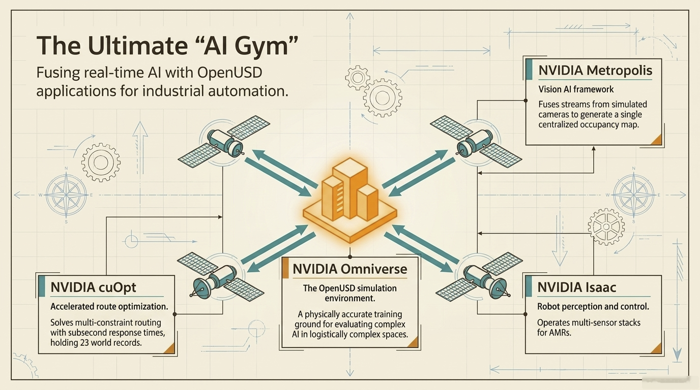 NVIDIA Ultimate AI Gym stack diagram: Omniverse, Isaac, Metropolis, cuOPT