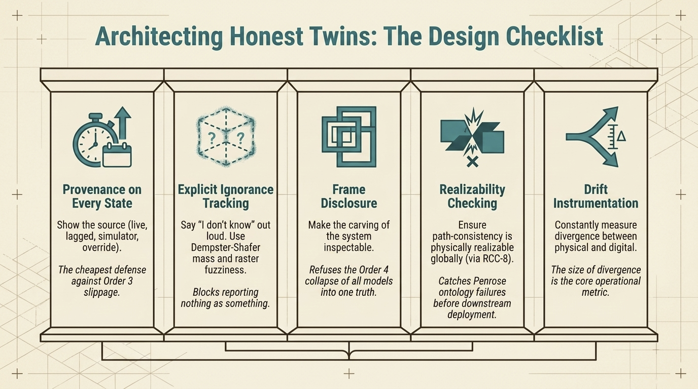 Honest twin design checklist as a five-column reference