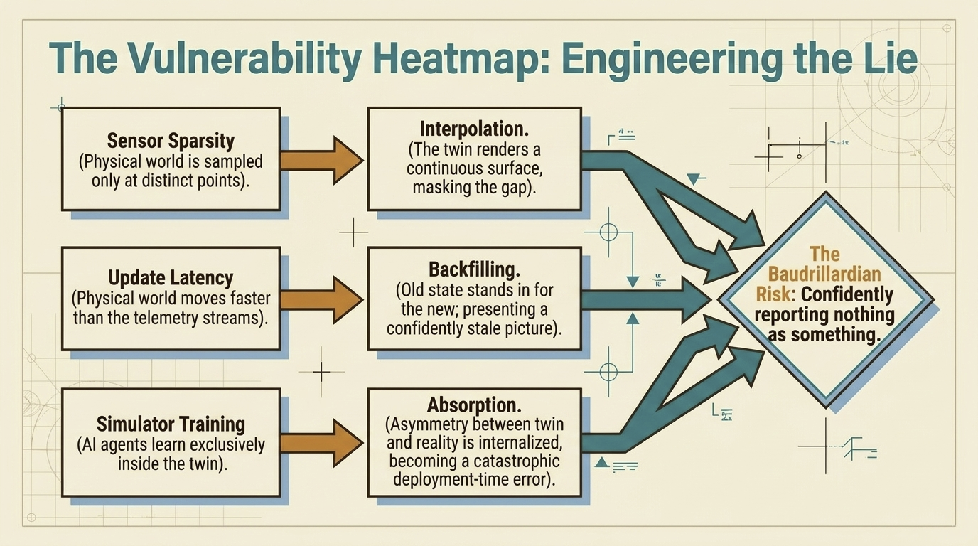 Vulnerability heatmap of sensor sparsity, update latency, and simulator training