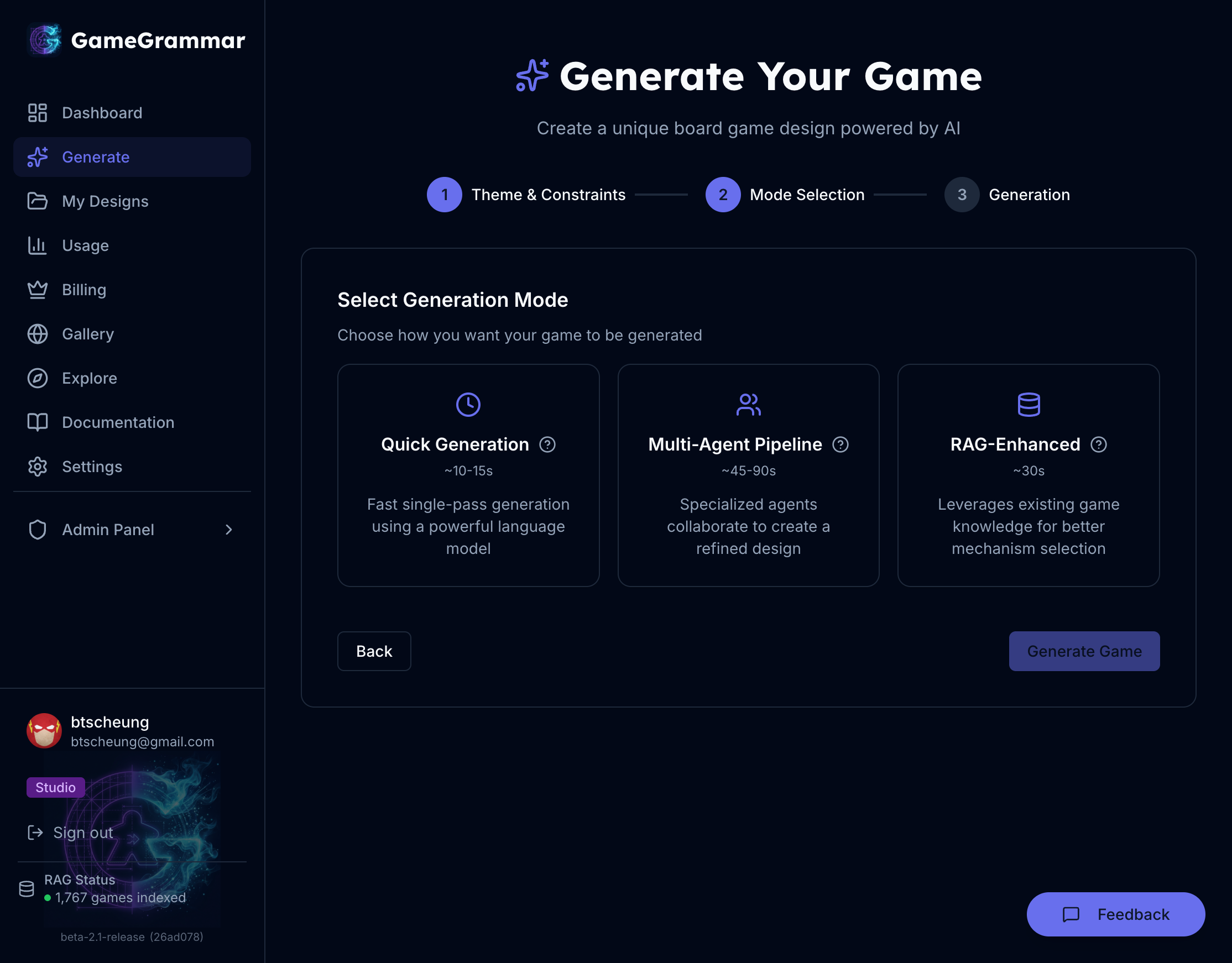 GameGrammar Generate Page