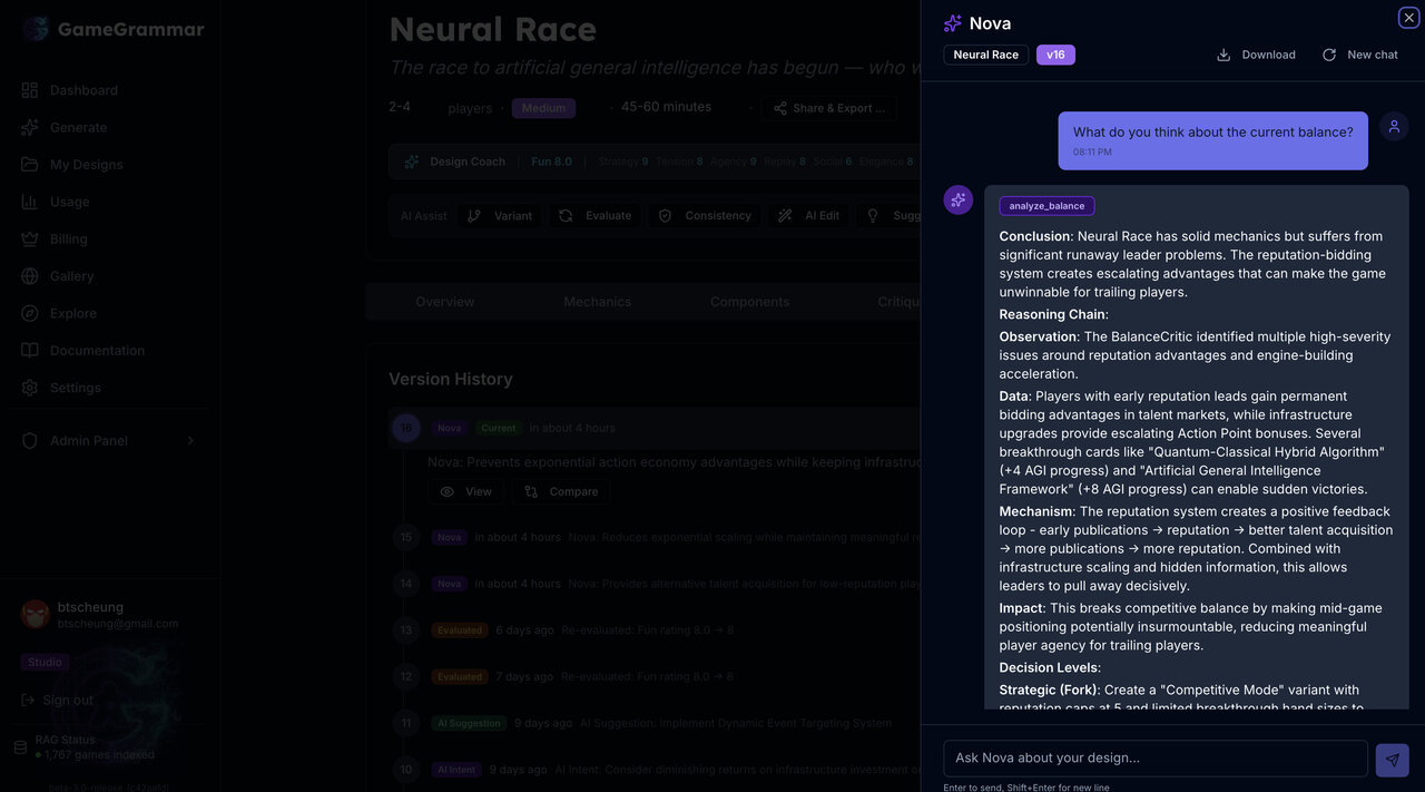 Nova Balance Analysis in GameGrammar