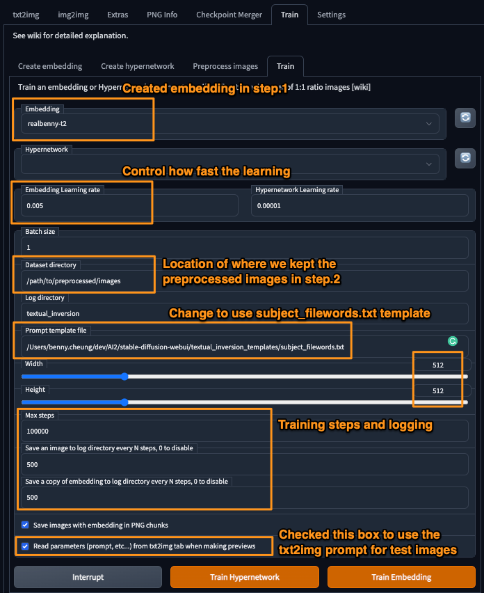 Stable Diffusion Training Embedding Setting Annotated